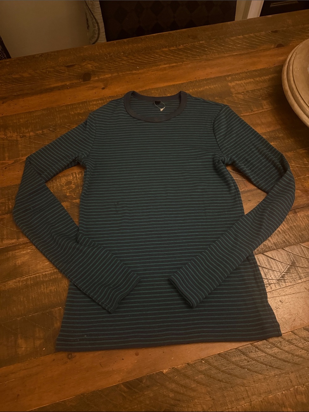 Men's Navy and Teal Striped Crewneck Sweater